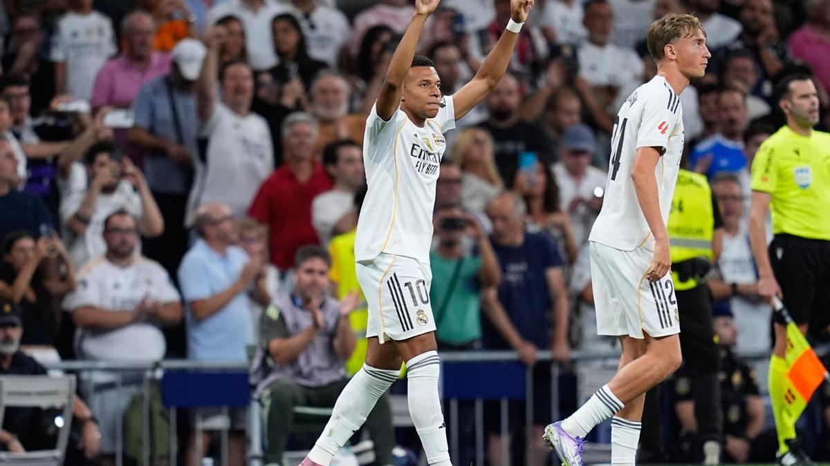 Kylian Mbappe of Real Madrid CF celebrates a goal dismissed by VAR during the Spanish League, LaLiga EA Sports, football match played between Real Madrid and RCD Mallorca at Santiago Bernabeu stadium on August 30, 2025, in Madrid, Spain. AFP7 30/08/2025 ONLY FOR USE IN SPAIN. Dennis Agyeman / AFP7 / Europa Press;2025;SOCCER;SPAIN;SPORT;ZSOCCER;ZSPORT;Real Madrid v RCD Mallorca - LaLiga EA Sports;