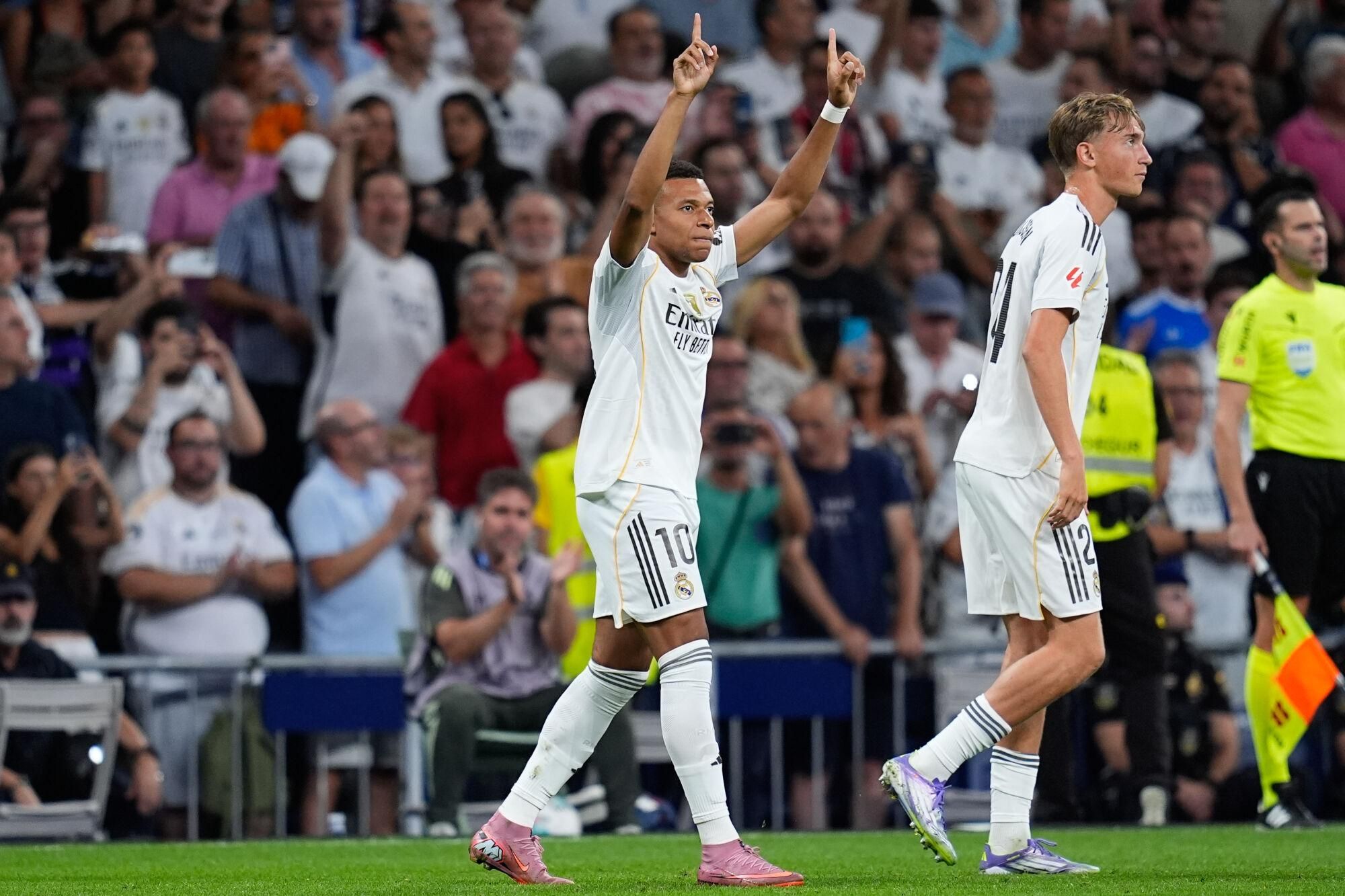Kylian Mbappe of Real Madrid CF celebrates a goal dismissed by VAR during the Spanish League, LaLiga EA Sports, football match played between Real Madrid and RCD Mallorca at Santiago Bernabeu stadium on August 30, 2025, in Madrid, Spain. AFP7 30/08/2025 ONLY FOR USE IN SPAIN. Dennis Agyeman / AFP7 / Europa Press;2025;SOCCER;SPAIN;SPORT;ZSOCCER;ZSPORT;Real Madrid v RCD Mallorca - LaLiga EA Sports;