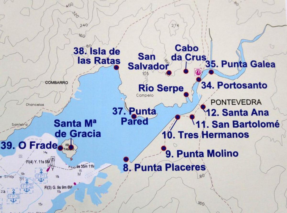 Lugares de la ría de Pontevedra que se corresponden con sus mismos topónimos en la ruta de Colón.