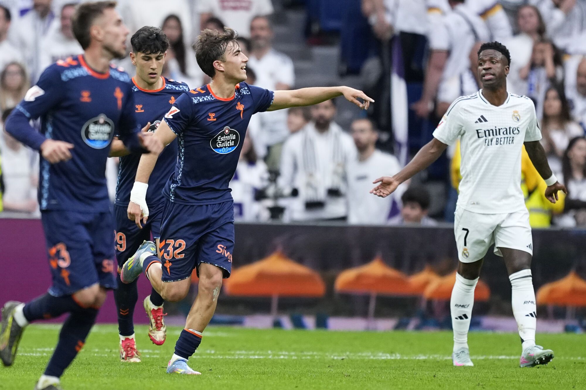 Javi Rodriguez of Celta de Vigo celebrates a goal during the Spanish League, LaLiga EA Sports, football match played between Real Madrid and RC Celta de Vigo at Santiago Bernabeu stadium on May 04, 2025 in Madrid, Spain. AFP7 04/05/2025 ONLY FOR USE IN SPAIN. Oscar J. Barroso / AFP7 / Europa Press;2025;SOCCER;SPAIN;SPORT;ZSOCCER;ZSPORT;Real Madrid v RC Celta de Vigo - LaLiga EA Sports;