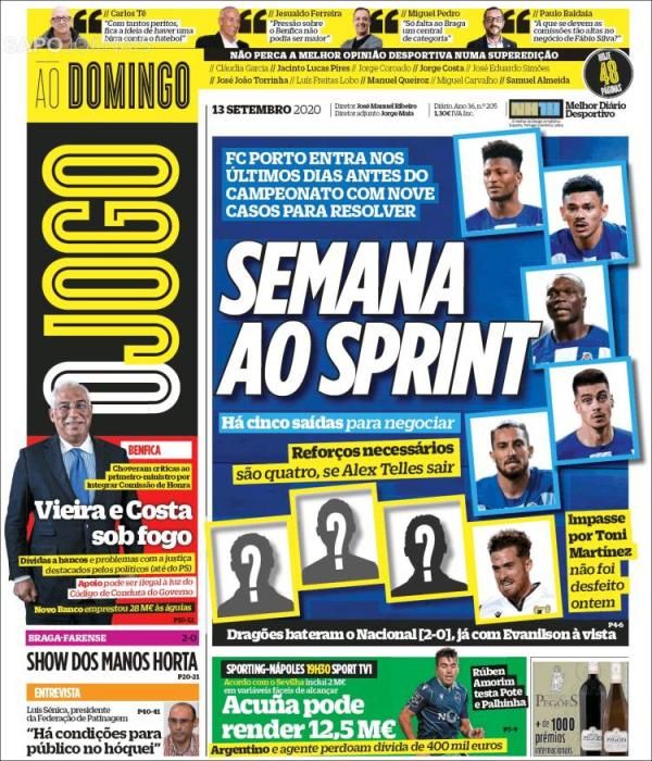 Portada O JOGO domingo 13 septiembre 2020