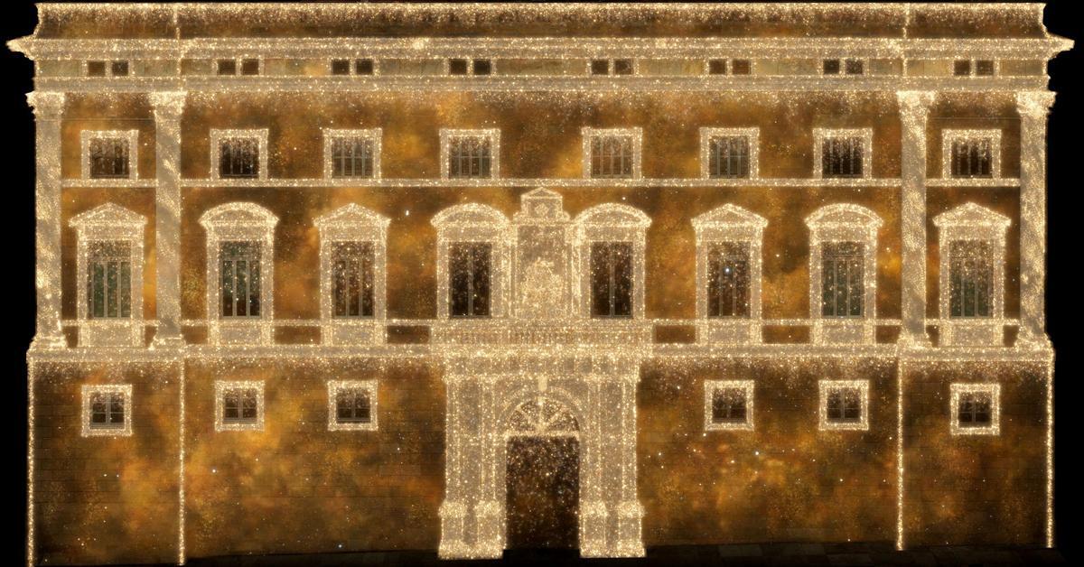Recreación del espectáculo de luces de Navidad en la fachada del Palau de la Generalitat, en Barcelona.