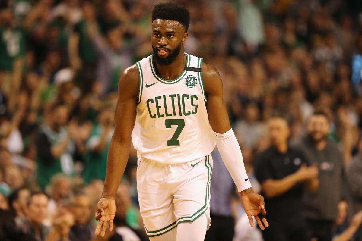 BOSTON, MA - MAY 15: Jaylen Brown #7 of the Boston Celtics gestures after making a basket in the first half against the Cleveland Cavaliers during Game Two of the 2018 NBA Eastern Conference Finals at TD Garden on May 15, 2018 in Boston, Massachusetts. NOTE TO USER: User expressly acknowledges and agrees that, by downloading and or using this photograph, User is consenting to the terms and conditions of the Getty Images License Agreement.   Maddie Meyer/Getty Images/AFP