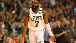 BOSTON, MA - MAY 15: Jaylen Brown #7 of the Boston Celtics gestures after making a basket in the first half against the Cleveland Cavaliers during Game Two of the 2018 NBA Eastern Conference Finals at TD Garden on May 15, 2018 in Boston, Massachusetts. NOTE TO USER: User expressly acknowledges and agrees that, by downloading and or using this photograph, User is consenting to the terms and conditions of the Getty Images License Agreement.   Maddie Meyer/Getty Images/AFP