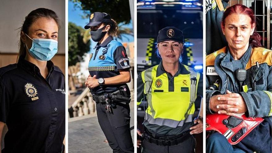 De izquierda a derecha: María de los Reyes Fernández, inspectora de la Policía Nacional; Loreto Dorta Duranza, policía local en Guía de Isora; Lorena Coello Hernández, agente de la Guardia Civil de Tráfico; y Luisa Thalía Sánchez Melián, bombera del Consorcio de Tenerife.