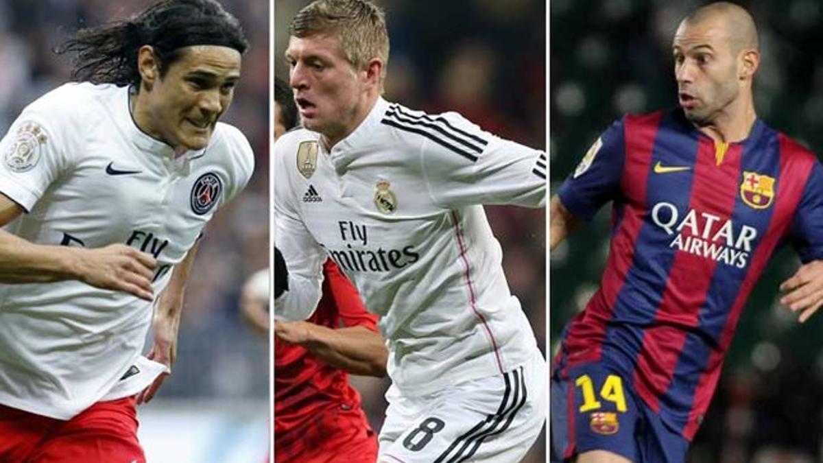 Edison Cavani (PSG), Toni Kroos (Real Madrid) y Javier Mascherano (FC Barcelona)