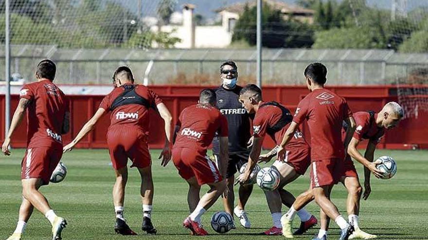 Un grupo de jugadores del Mallorca se ejercitan en son Bibiloni en presencia del preparador fÃ­sico Dani Pastor.