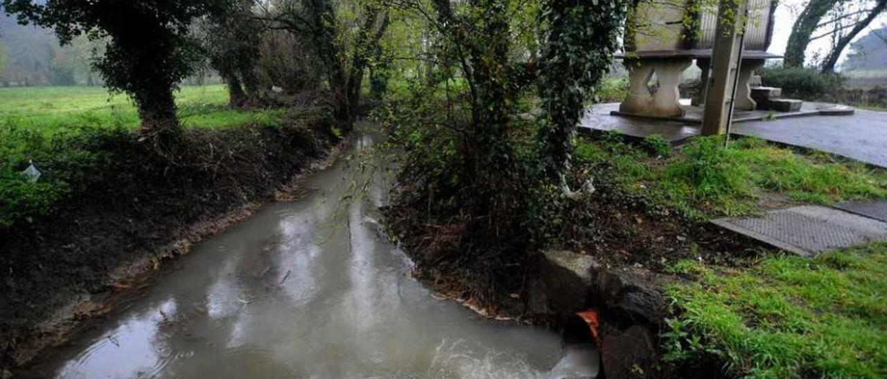 El vertido de escabeche y polvo volvió a aflorar ayer en un pequeño afluente del río Umia. // Iñaki Abella