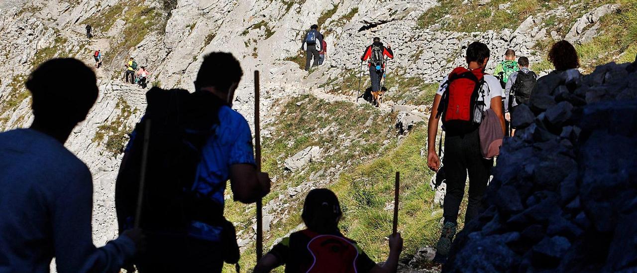 Senderistas en la ruta del Cares, que une Poncebos, en Cabrales, con Caín,  en León. | JUAN PLAZA