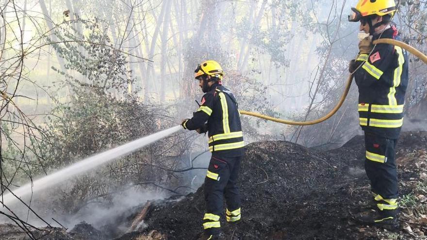 Dos bomberos trabajando en la extinción de las llamas en el término municipal de Planes