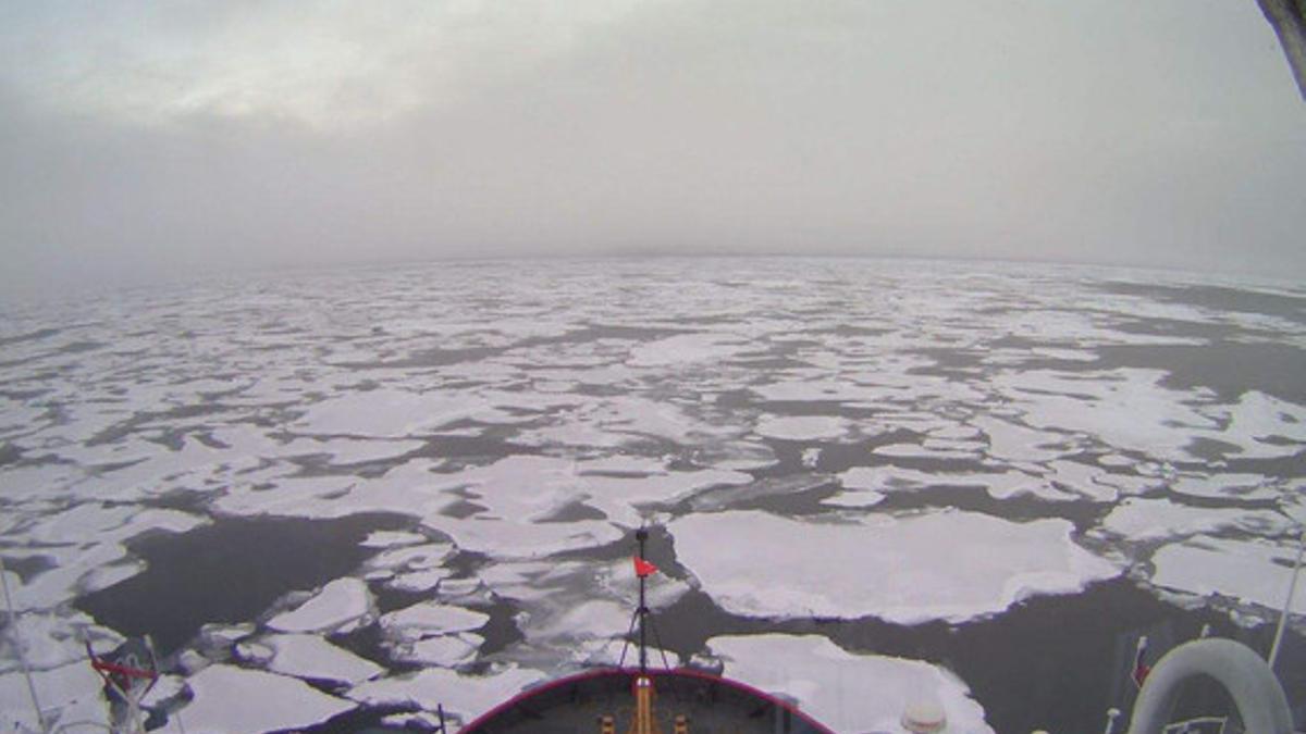 Un rompehielos oceanográfico navega por la costa norte de Alaska.