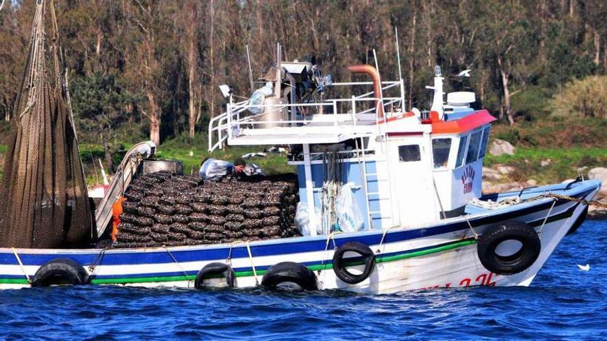 Un barco auxiliar de acuicultura navegando por la ría. // Iñaki Abella