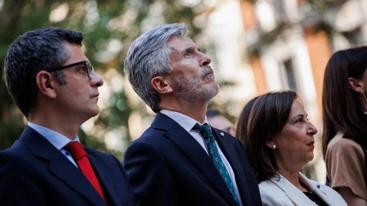 Los ministros de la Presidencia, Félix Bolaños; Interior, Fernando Grande-Marlaska, y Defensa, Margarita Robles, el pasado 9 de mayo de 2022 en el Senado, en el LXXII Aniversario de la Declaración Schuman.