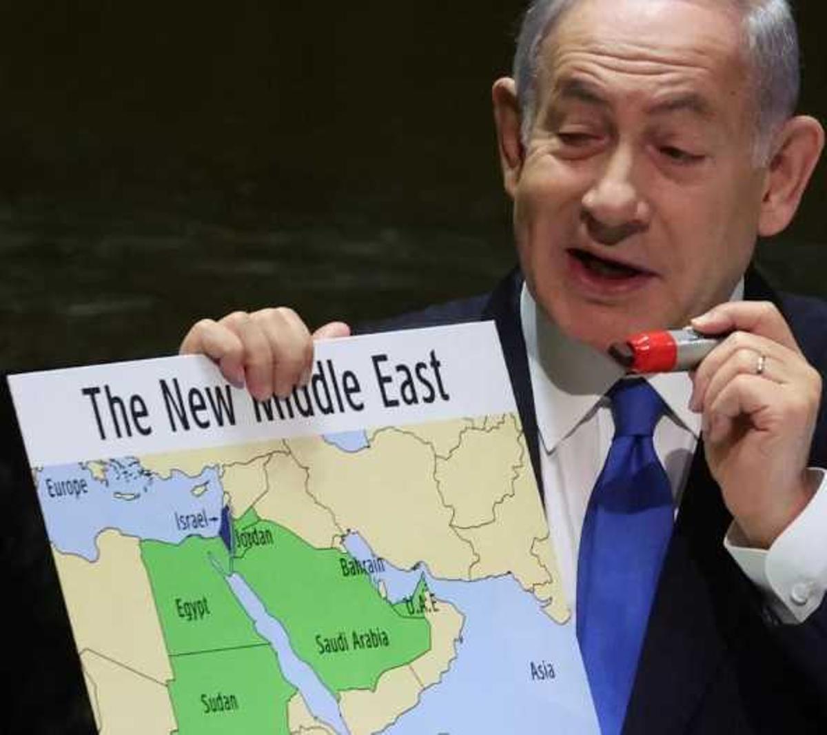 El primer ministro israelí, Binyamin Netanyahu, muestra ante la ONU un mapa de Oriente Medio con Gaza y Cisjordania anexionada por Israel