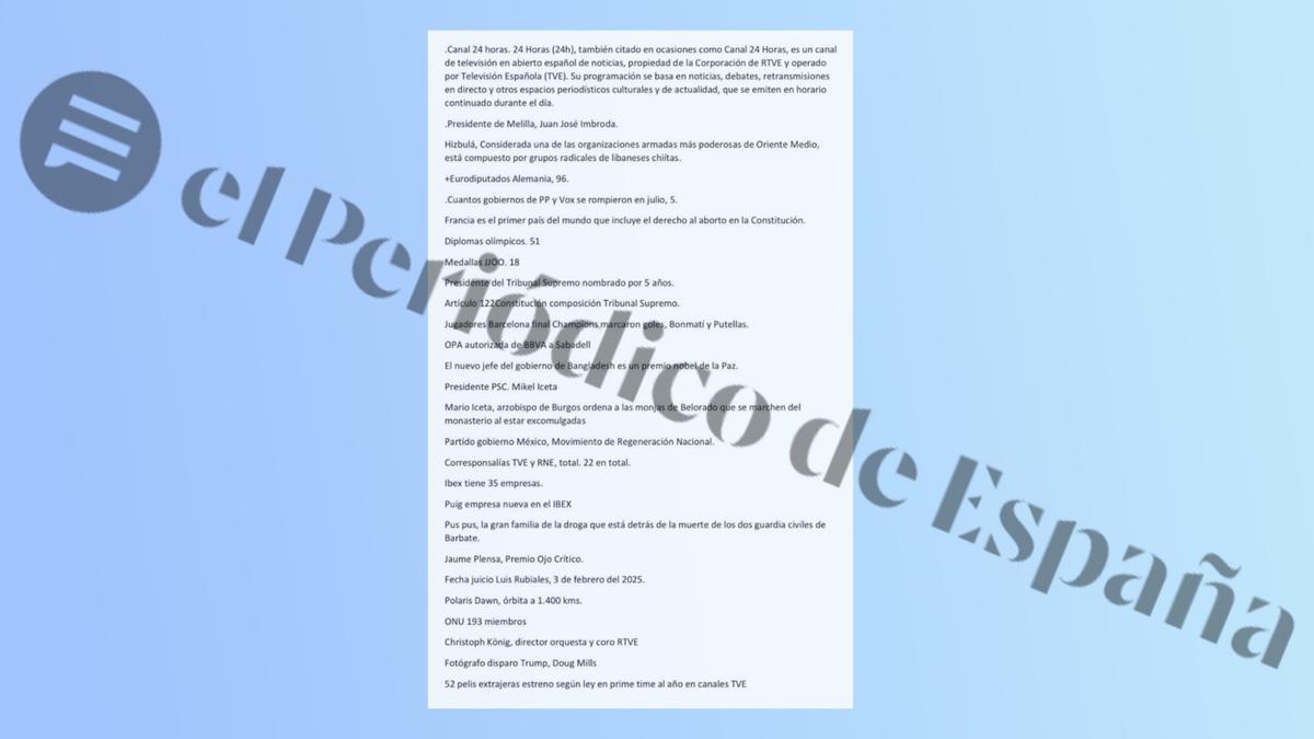 Documento con las preguntas del examen filtrado en RTVE.