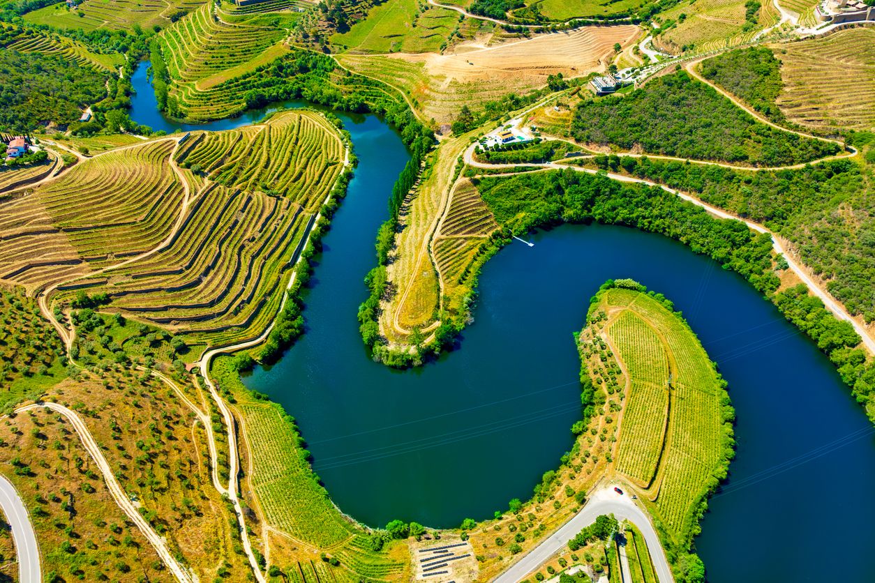 Vista aérea de la terraza de los viñedos del Duero