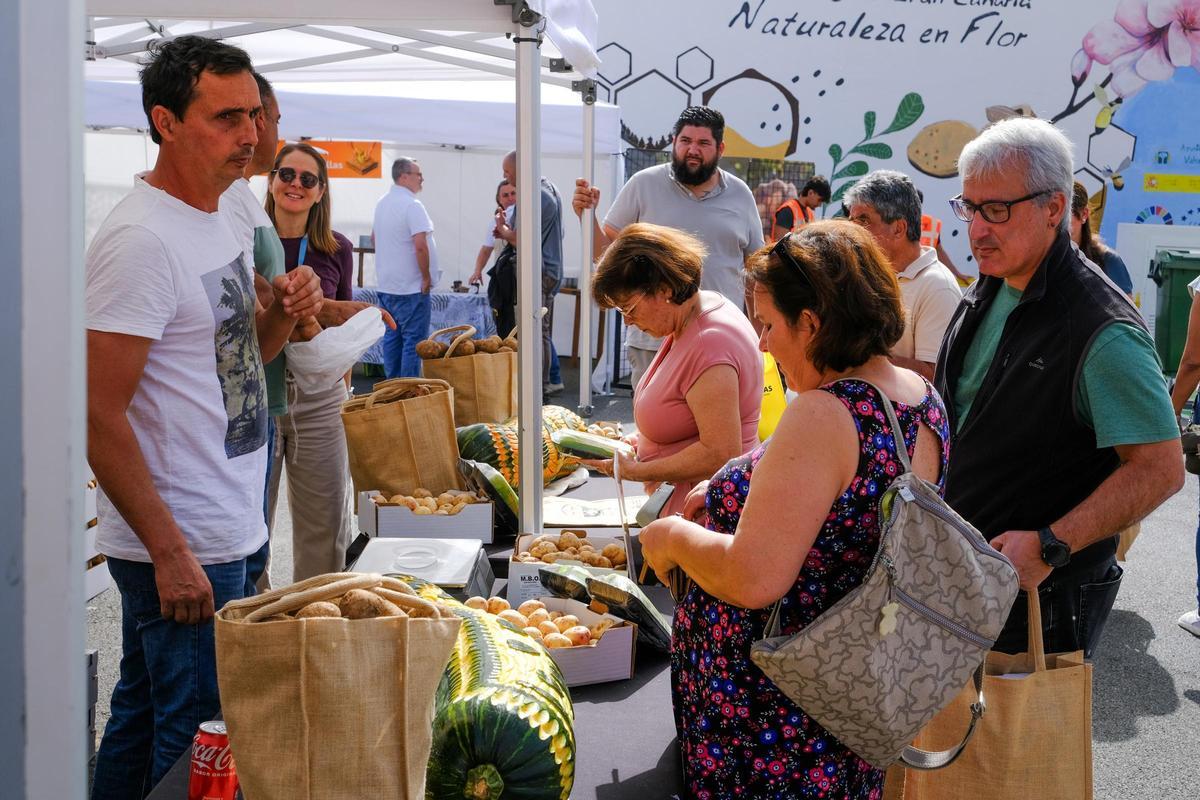 Visitantes y vecinos compran en la Feria de la Papa y el Millo en Valsequillo.