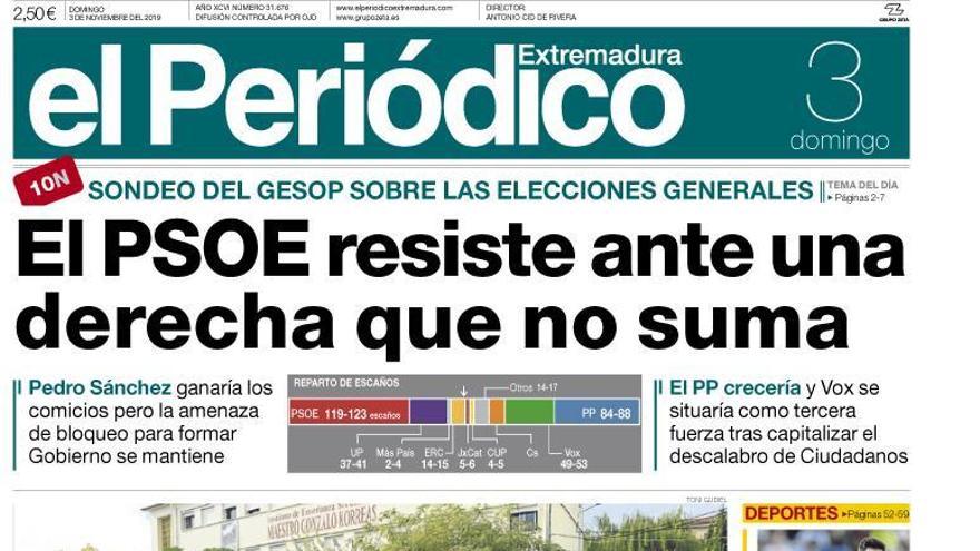 Esta es la portada de EL PERIÓDICO EXTREMADURA correspondiente al día 3 de noviembre del 2019