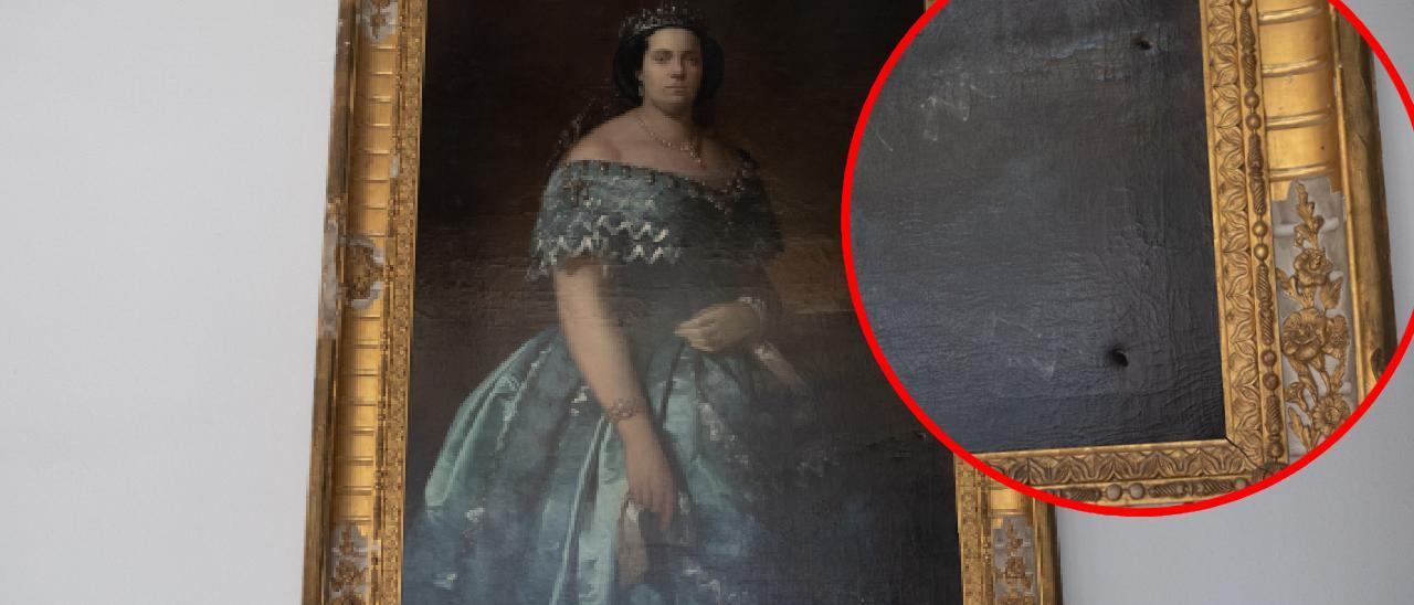 Retrato de &quot;Isabel II&quot; al detalle: uno de los cuadros del Museo del Prado agujereado.