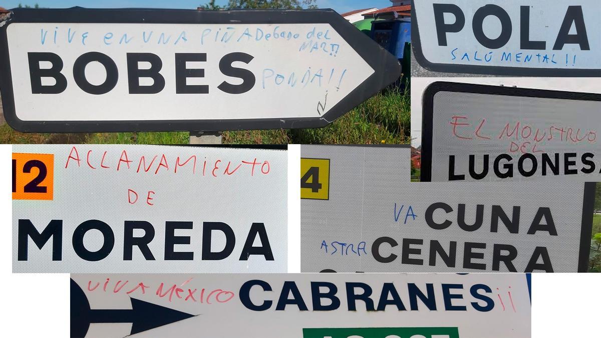 Una agrupación de las últimas intervenciones en carteles de pueblos asturianos.