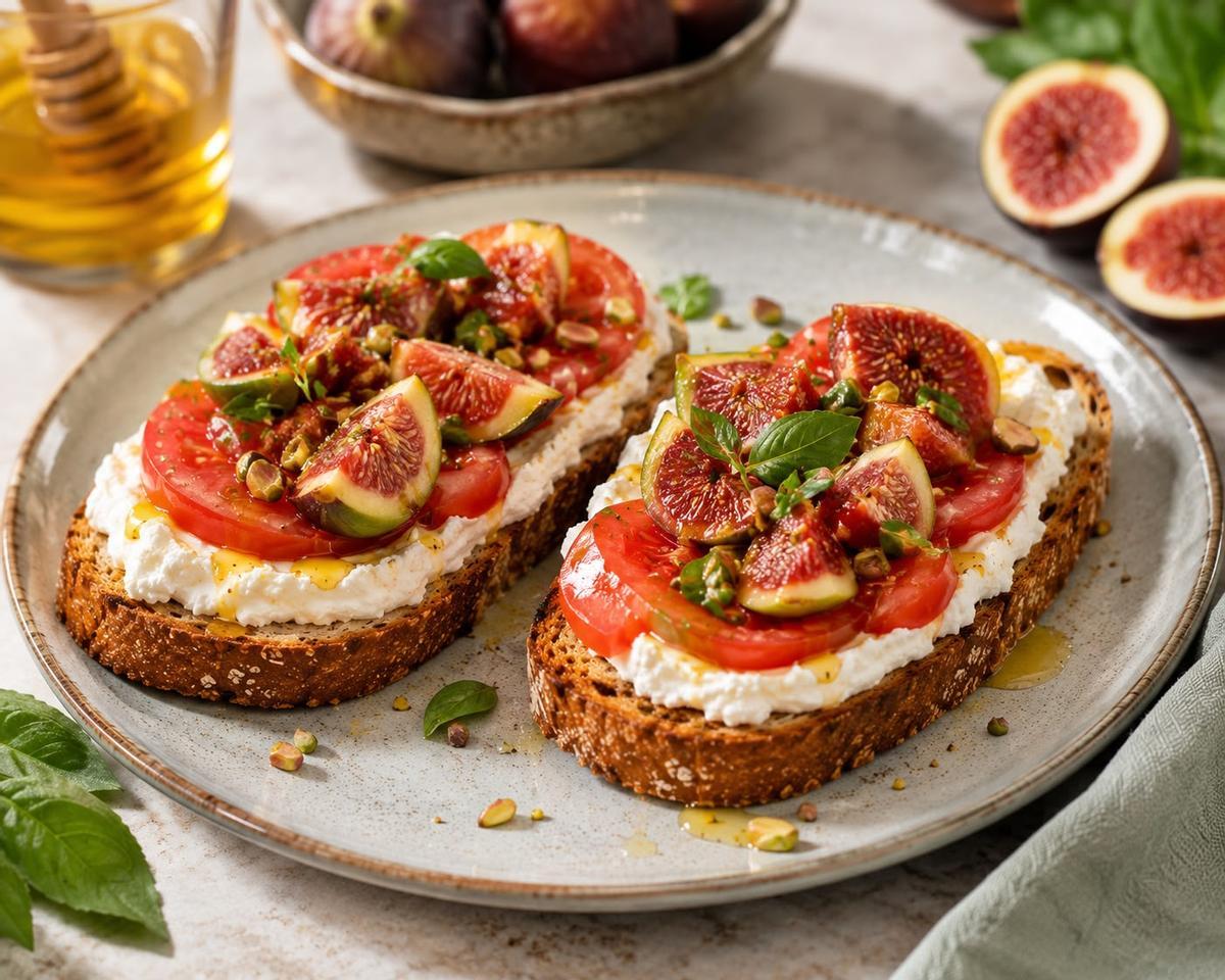 Tostadas dulces de ricotta, tomate dulce e higos