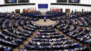 La presidenta de la Comisión Europea, Ursula von der Leyen, durante el debate del estado de la Unión en el Parlamento de Estrasburgo