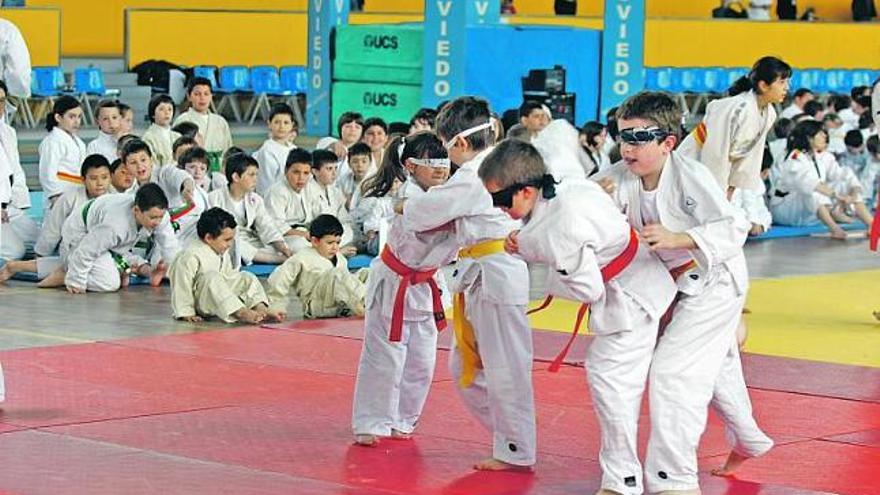 Niños participantes en el X Festival infantil de judo «Maestro Shu Shaira», en el Palacio de los Deportes de Oviedo.