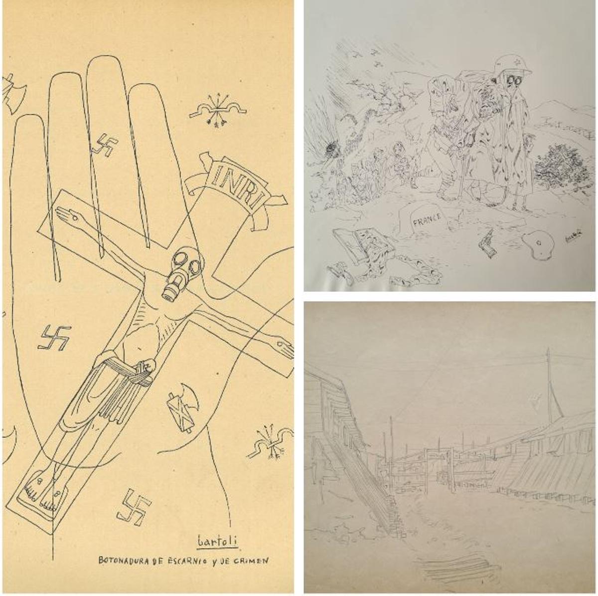 Tres dels dibuixos de Josep Bartolí que s'exposen a la Jonquera.