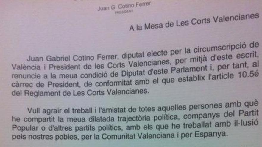 El documento de renuncia de Cotino