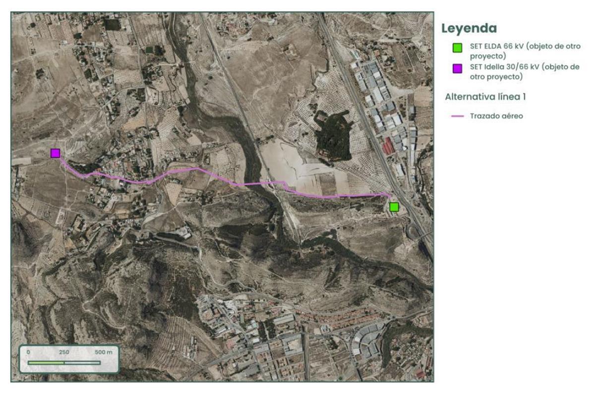 El trazado inicialmente era aéreo y cruzaba la zona protegida del Pantano de Elda en línea recta