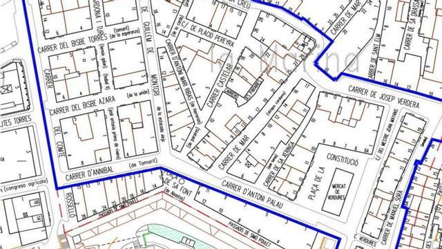 Mapa de las calles de la Marina cuyos negocios pueden acogerse a esta línea de subvenciones.