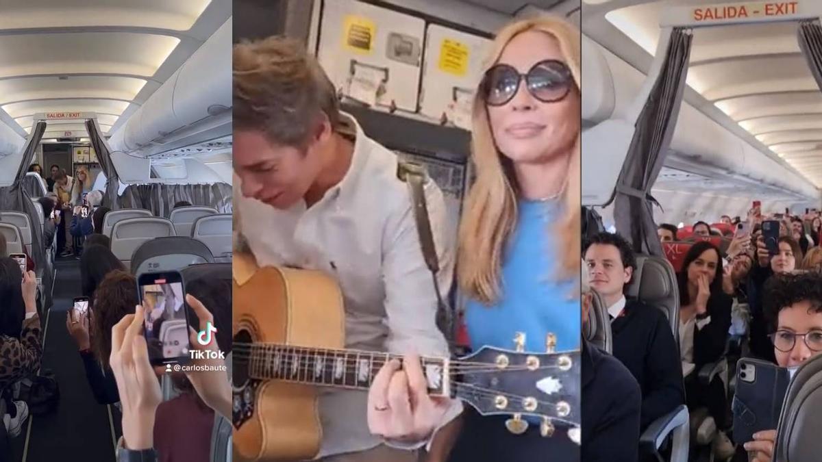 Tres imágenes del vídeo que recoge la actuación improvisada de Marta Sánchez y Carlos Baute en el avión