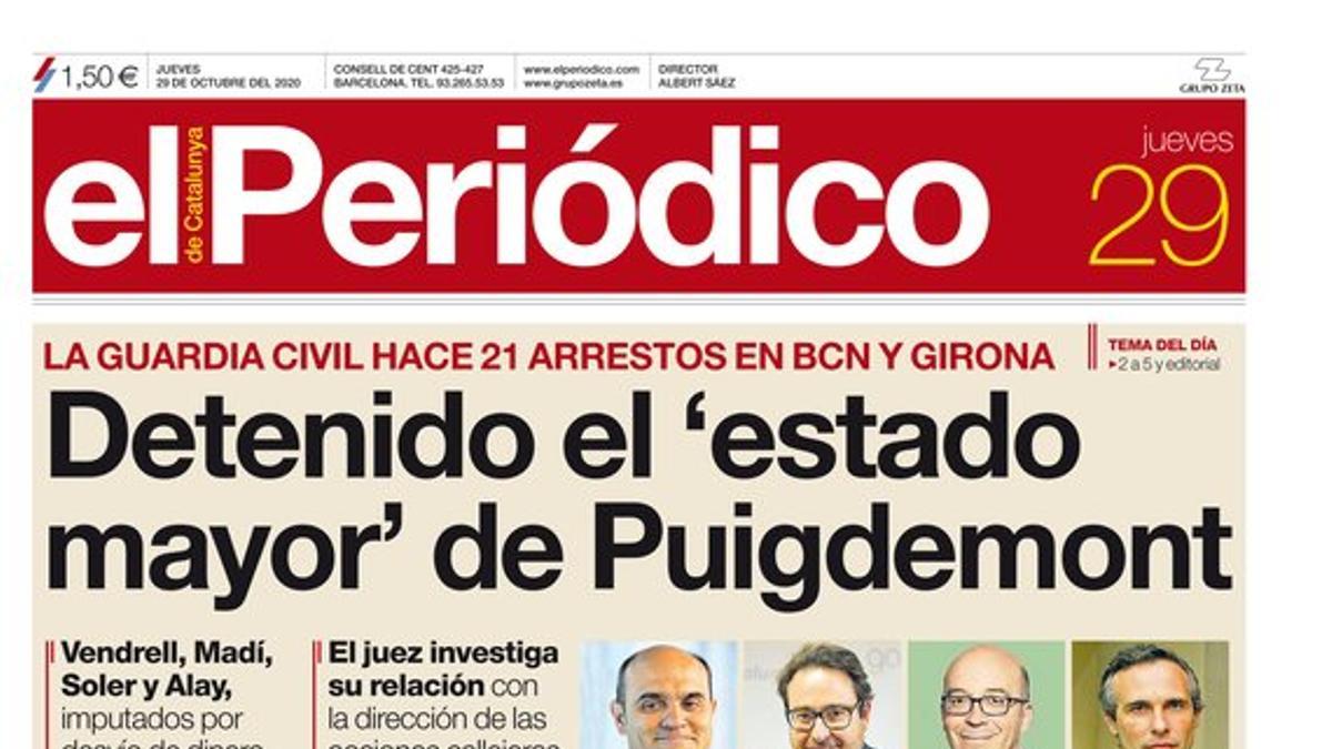 La portada de EL PERIÓDICO del 29 de octubre del 2020.