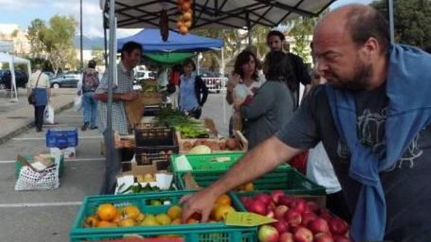 Biel Torrens atiende en su puesto en el mercat ecològic de la UIB.