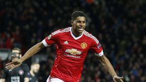 United?s Marcus Rashford celebrates after scoring during the Europa League round of 32 second leg soccer match between Manchester United and FC Midtjylland in Manchester, England, Thursday, Feb. 25, 2016 . (AP Photo/Jon Super)