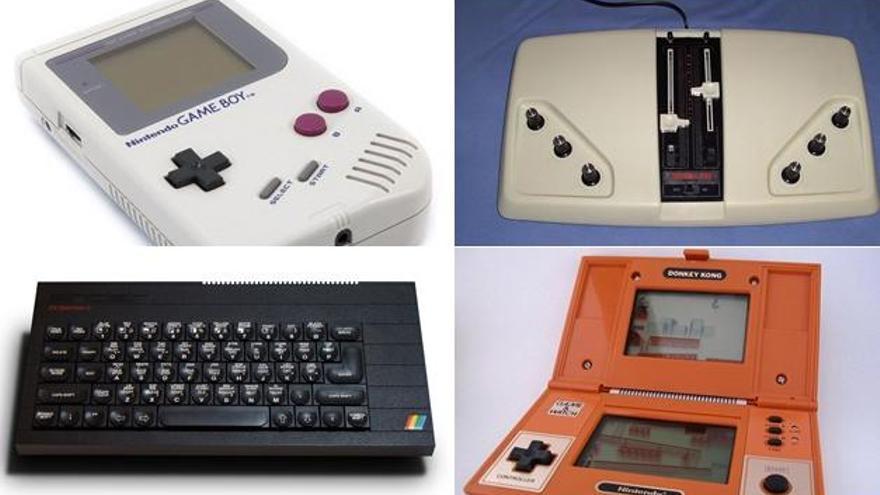 De arriba a abajo y de izquierda a derecha: Game Boy, Magnavox Odyssey, Sinclair ZX Spectrum y una Game&amp;Watch de Donkey Kong.