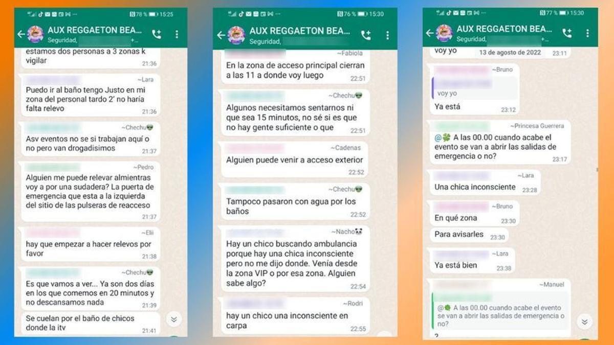 Extracto de las conversaciones del grupo a través del que se comunicaban los miembros de seguridad del festival.