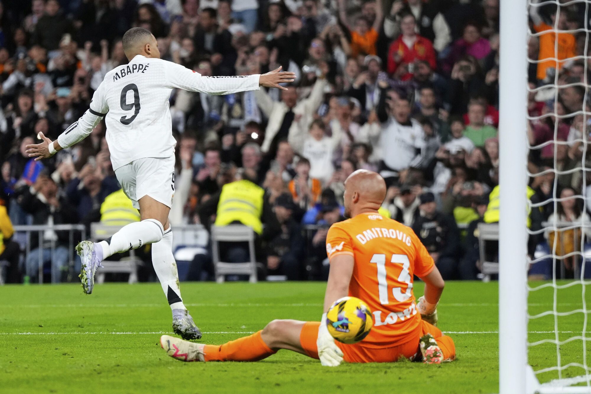 Real Madrid's Kylian Mbappe celebrates after scring from a penalty kick during a Spanish La Liga soccer match between Real Madrid and Leganes at the Santiago Bernabeu stadium in Madrid, Spain, Saturday, March 29, 2025. (AP Photo/Manu Fernandez) Associated Press/LaPresse. EDITORIAL USE ONLY/ONLY ITALY AND SPAIN