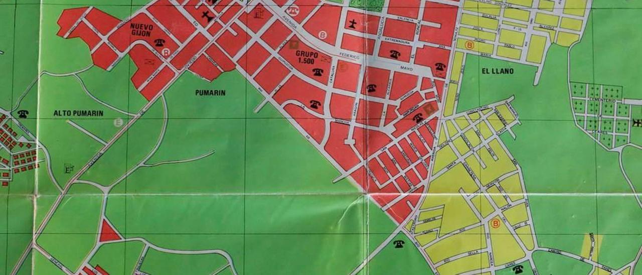 En un plano de Gijón de principios de los años setenta del siglo XX, la zona sur de la ciudad, entre Pumarín, Roces, Contrueces y La Braña.