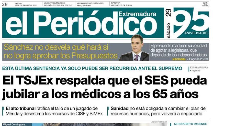 Esta es la portada de EL PERIÓDICO EXTREMADURA correspondiente al día 29 de diciembre del 2018