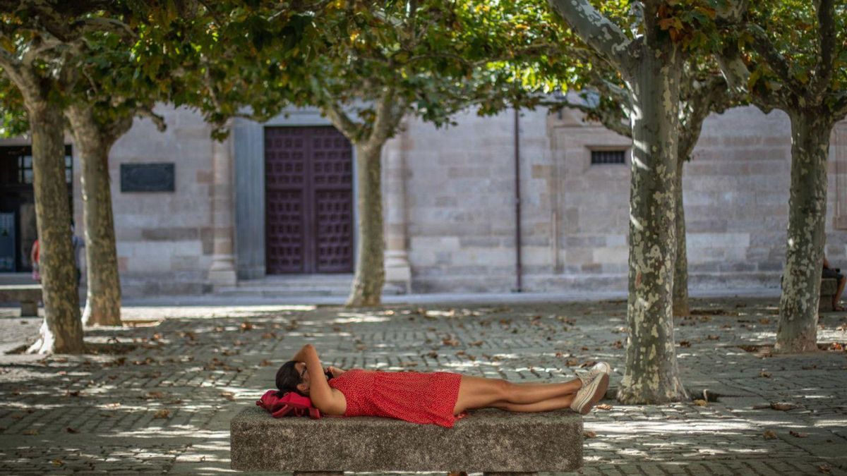 Una mujer descansa en la plaza de Viriato ante las altas temperaturas.