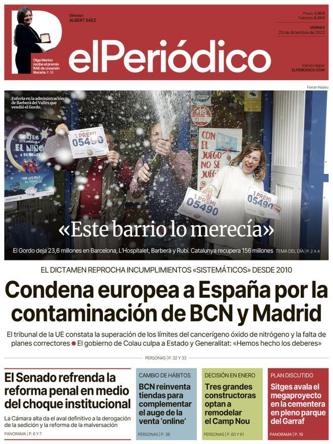La portada d’EL PERIÓDICO del 23 de desembre del 2022