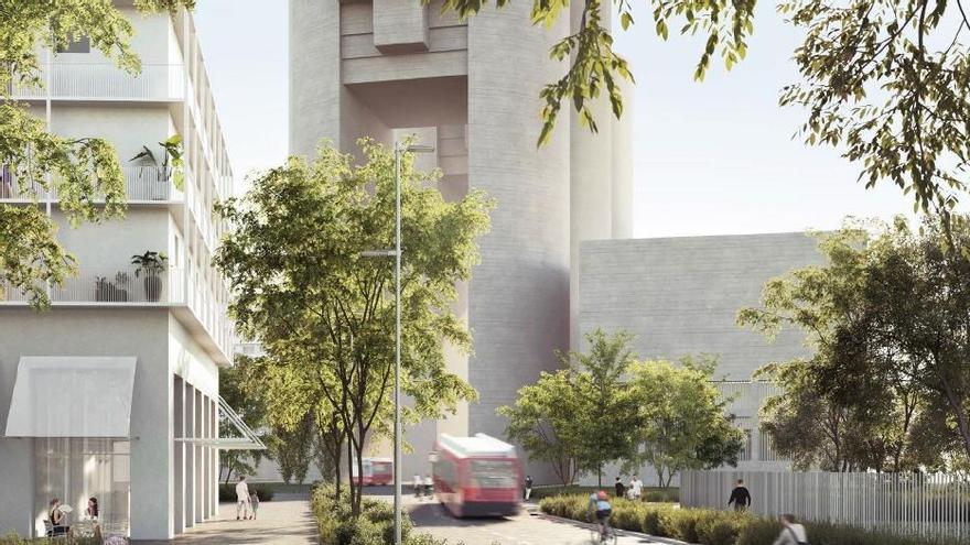 Imagen virtual incluida en el plan urbanístico de las Tres Xemeneies, que recrea el paso de autobuses bajo la antigua central térmica.