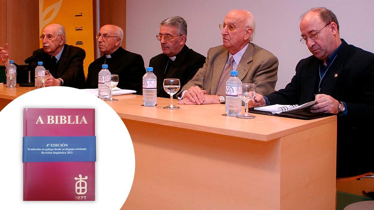 Acto de presentación na Casa do Libro de Vigo da Biblia en galego (22 de maio de 2002). Na mesa, o arcebispo da Diócese de Tui-Vigo José Diéguez, o emérito José Cerviño, o teólogo Xulio Andión e o presidente de Galaxia (que tamén fora o primeiro presidente da Sept), Xaime Illa Couto. En pequeno: o libro na súa edición de papel, revisada en 2021.