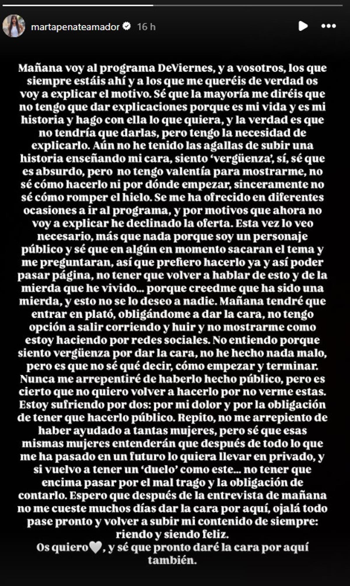 Storie en Instagram de Marta Peñate tras su aborto