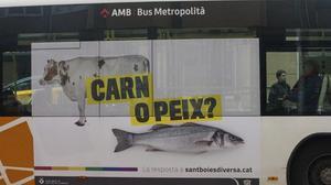 Un dels autobusos municipals de Sant Boi, amb lemes com ¿Carn o peix?.