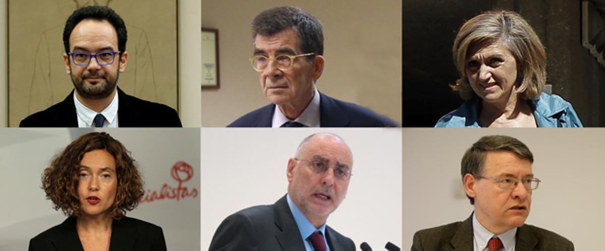 La comissió negociadora del PSOE (esq.-dreta) Antonio Hernando, José E. Serrano, Luisa Cuerdo, Meritxell Batet, Rodolfo Ares i Jordi Sevilla.