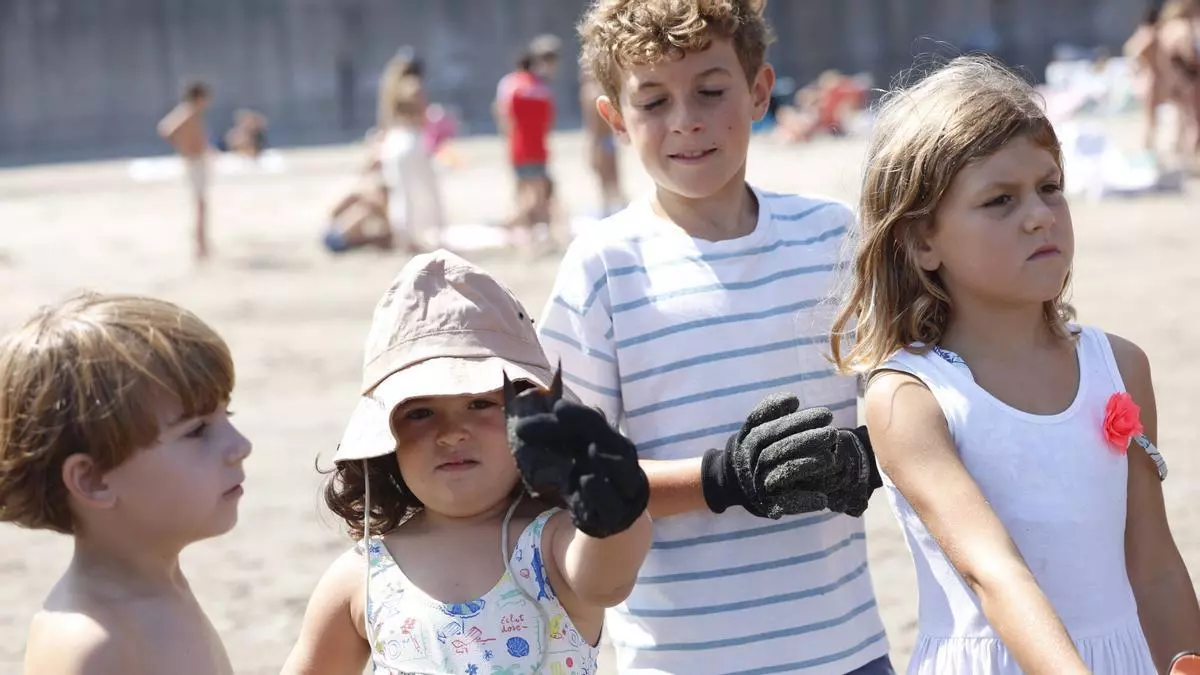 Tsunami de limpieza en la playa de Salinas: restos de botella, bolsas y hasta un huevo de tiburón en el arenal castrillonense