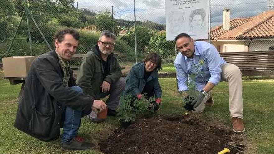 Un momento de la plantación de la ruda y el ajo verde en Barcia.