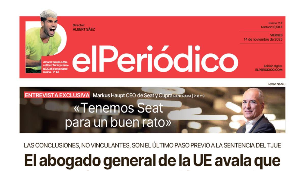 La portada de EL PERIÓDICO del 14 de noviembre de 2025